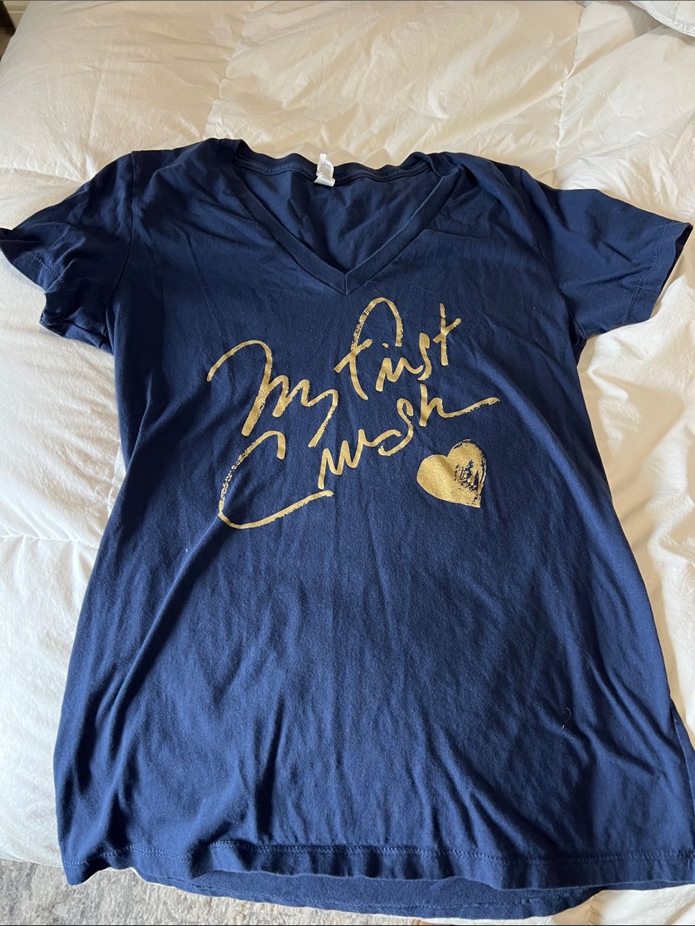 Bella Canvas Navy V-Neck Tee Sean Cassidy merch with Gold Script Heart Graphic